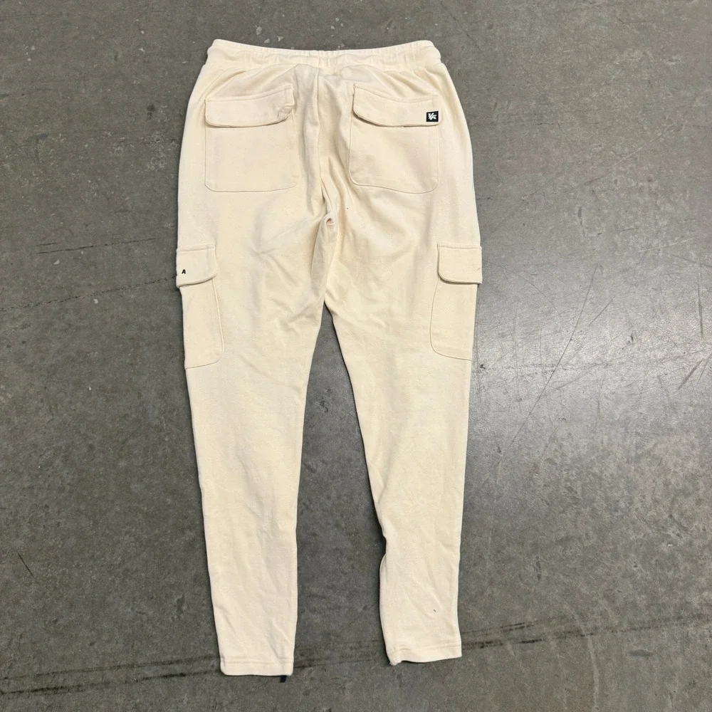 YoungLA Mens Cargo Joggers Cream Off White Slim Fit Tapered Sweatpants Medium